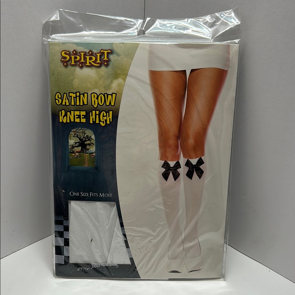 Spirit Satin Bow Knee High Socks - White with Black Accents